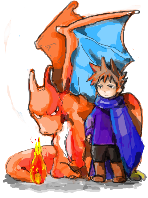 bad_id bad_pixiv_id blue_wings brown_hair charizard fire flame gen_1_pokemon horns kko ookido_green pokemon pokemon_(creature) pokemon_(game) pokemon_rgby pokemon_special scarf spiked_hair wings