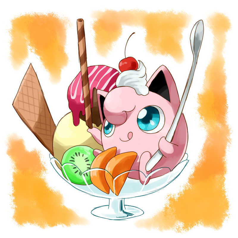 :q blue_eyes cherry dessert food food_on_head fruit good_frog ice_cream in_container jigglypuff kiwi kiwifruit nintendo no_humans object_on_head orange pokefood pokemon simple_background spoon tongue tongue_out wafer whipped_cream