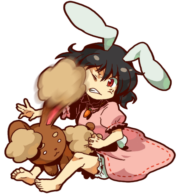 animal_ears bad_id bad_pixiv_id barefoot black_hair buneary bunny_ears carrot carrot_necklace clenched_teeth crossover enu_(spinal) face_punch feet full_body gen_4_pokemon in_the_face inaba_tewi jewelry necklace pendant pokemon pokemon_(creature) punching red_eyes short_hair simple_background teeth touhou white_background
