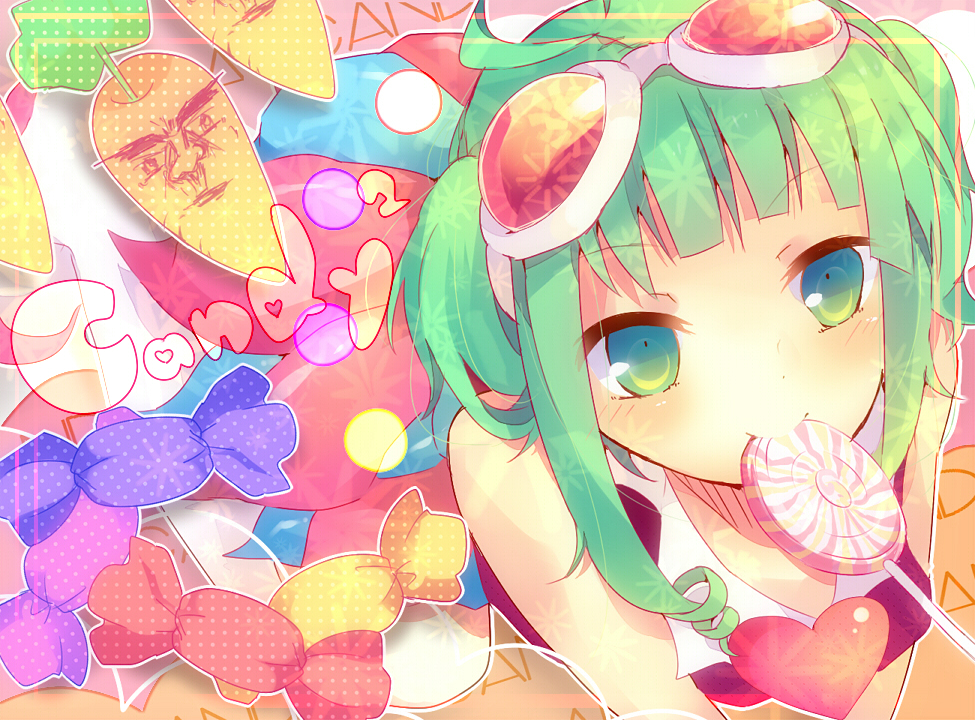 bad_id bad_pixiv_id candy candy_candy_(song) carrot cosplay food goggles goggles_on_head green_eyes green_hair gumi heart kyary_pamyu_pamyu kyary_pamyu_pamyu_(cosplay) lollipop looking_at_viewer looking_up mouth_hold shimotsuki_eri short_hair smile solo vocaloid