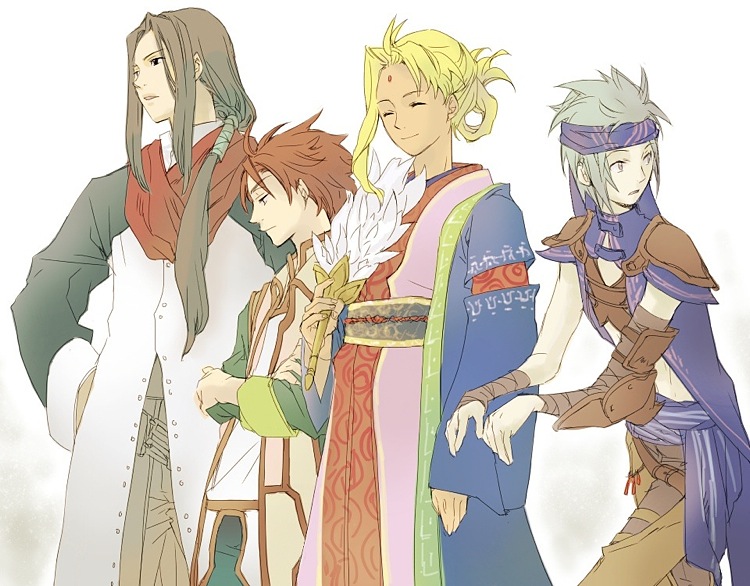 3boys bad_id bad_pixiv_id blonde_hair brown_hair caesar_silverberg fan forehead_jewel gensou_suikoden gensou_suikoden_ii gensou_suikoden_iii gensou_suikoden_tierkreis gensou_suikoden_v group_picture group_profile headband lineup liu-shen lucretia_merces moge3 multiple_boys ponytail profile red_hair robe shu_(suikoden)