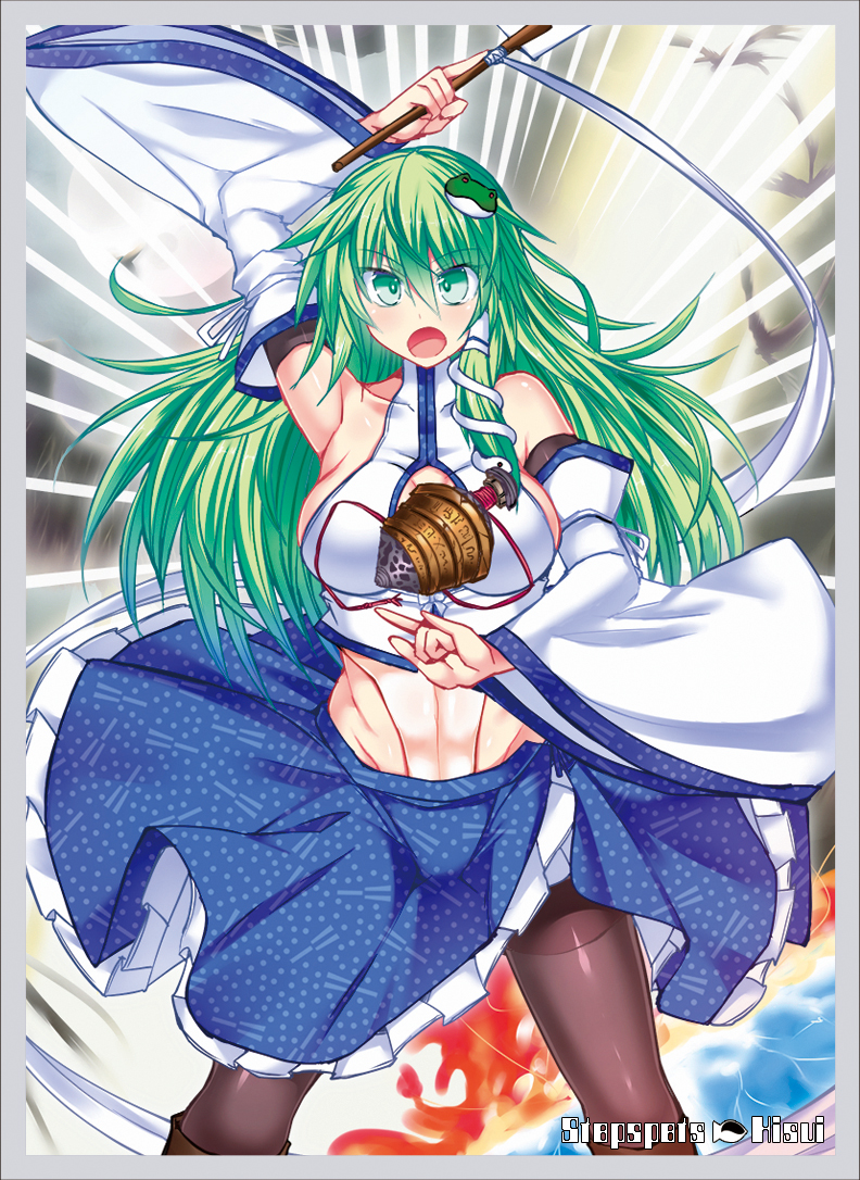 1girl :o \m/ arm_up bangs bare_hips bare_shoulders border breasts clothing_request commentary_request covered_collarbone covered_navel crossover detached_sleeves emphasis_lines frog_hair_ornament green_eyes green_hair grey_border hair_ornament hair_spread_out hand_up hisui_(stapspats) holding kochiya_sanae large_breasts long_hair long_sleeves looking_at_viewer magic:_the_gathering open_mouth sideboob snake_hair_ornament solo standing touhou unmoving_pattern white_sleeves wide_sleeves