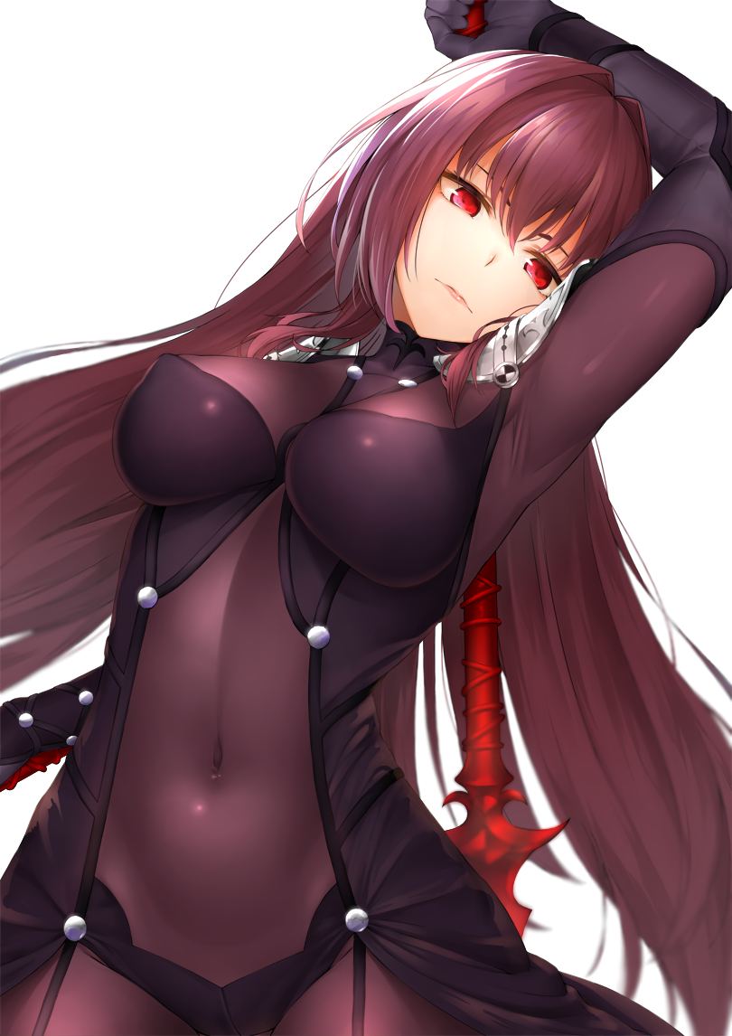 arm_up bangs bodysuit breasts closed_mouth covered_navel cowboy_shot erect_nipples fate/grand_order fate_(series) gae_bolg hair_intakes holding holding_weapon impossible_bodysuit impossible_clothes kitagawa_onitarou large_breasts looking_at_viewer pauldrons polearm purple_bodysuit purple_hair red_eyes scathach_(fate)_(all) scathach_(fate/grand_order) shoulder_armor skin_tight solo spear weapon white_background