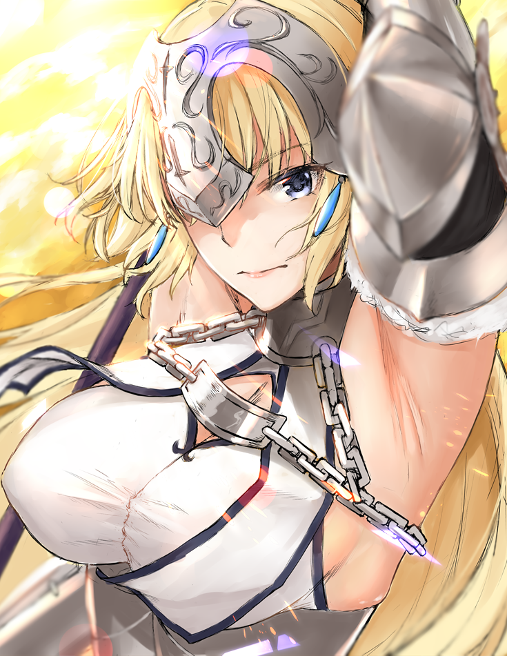 1girl armor armored_dress armpits arms_up bangs blonde_hair blue_eyes breasts chains closed_mouth eyebrows_visible_through_hair fate/grand_order fate_(series) gauntlets headpiece jeanne_d'arc_(fate) jeanne_d'arc_(fate)_(all) jeanne_d'arc_(fate) jeanne_d'arc_(fate)_(all) kitagawa_onitarou large_breasts long_hair looking_at_viewer solo upper_body