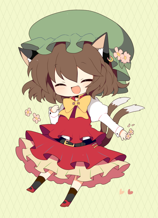 :d ^_^ animal_ears bad_id bad_pixiv_id belt bow bowtie brown_hair cat_ears cat_tail chen chibi closed_eyes fang flower haru_(kyou) hat heart jewelry open_mouth short_hair single_earring skirt skirt_set smile solo tail touhou