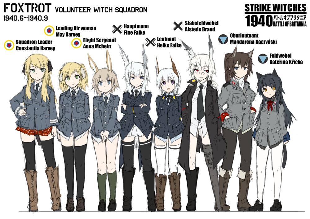 alstede_brand animal_ears anna_mcbein bad_id bad_pixiv_id commentary constantia_harvey dakku_(ogitsune) fine_falke head_wings heike_falke katerina_kricka lineup magdalena_kaczynski may_harvey multiple_girls pantyhose ponytail strike_witches_1940 tail thighhighs twintails uniform world_witches_series