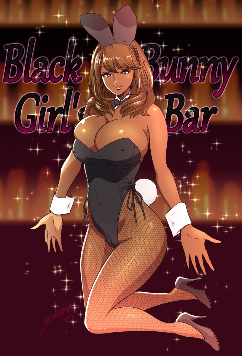 1girl animal_ears bangs bare_shoulders blue_eyes bow bowtie breasts brown_hair bunny_ears bunny_suit bunny_tail bunnysuit cleavage dark_skin detached_collar english_text erect_nipples fishnet_pantyhose fishnets ganguro grin gyaru high_heels highres huge_breasts image_sample kneeling long_hair looking_at_viewer original pantyhose pixiv_sample smile solo sparkle tail tatsunami_youtoku wrist_cuffs