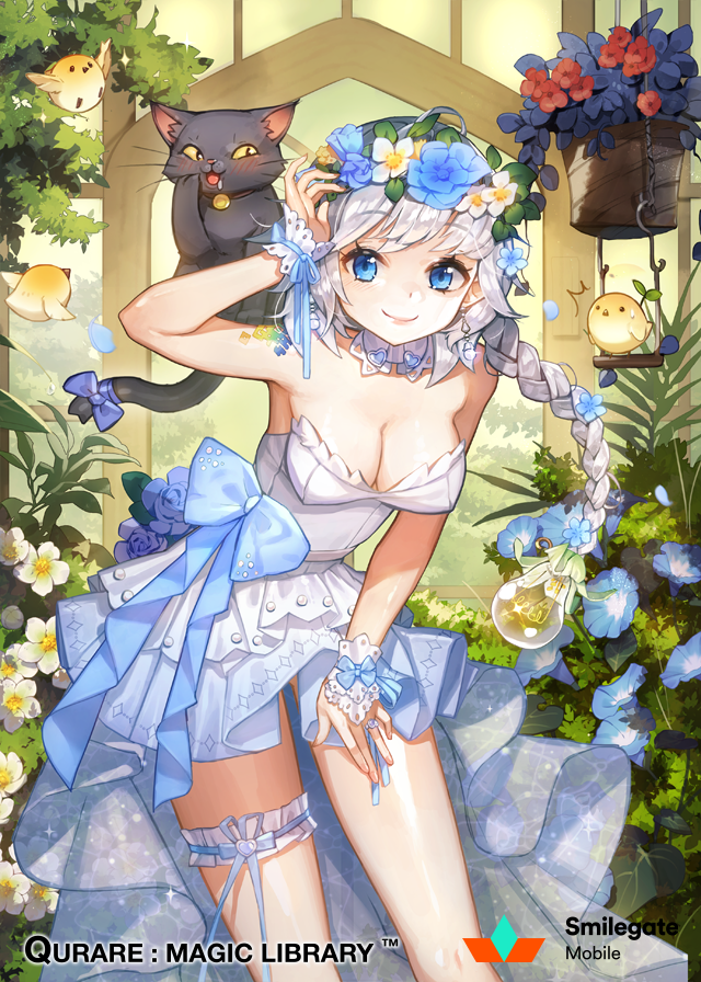 1girl ;d bird blue_bow blue_eyes blue_flower blush bow braid braided_ponytail breasts cat cleavage cowboy_shot dress drooling eyebrows_visible_through_hair fang floating_hair flower garters hair_flower hair_ornament hand_on_lap leaning_forward long_hair looking_at_viewer medium_breasts one_eye_closed open_mouth pink_flower qurare_magic_library short_dress silver_hair single_braid sleeveless sleeveless_dress smile solo standing strapless strapless_dress very_long_hair wedding_dress white_dress white_flower whoisshe wrist_cuffs