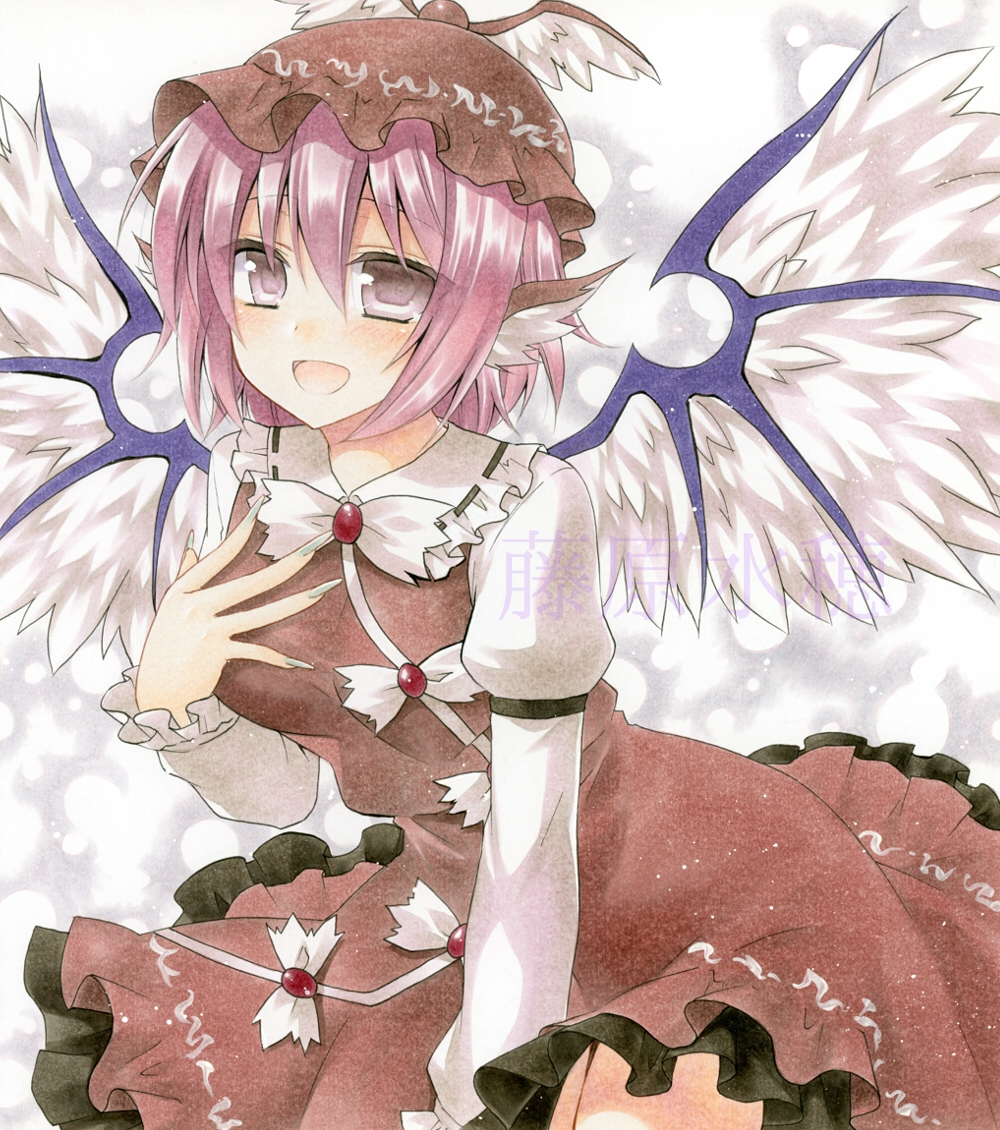 1girl :d animal_ears between_legs bow brown_dress cowboy_shot dress feathered_wings fingernails frilled_dress frilled_sleeves frills fujiwara_minaho green_nails grey_eyes hair_between_eyes hand_between_legs leaning_forward long_sleeves mystia_lorelei nail_polish open_mouth pinafore_dress pink_hair sharp_fingernails shiny shiny_hair shirt short_hair smile solo standing touhou traditional_media water white_bow white_shirt white_wings wings