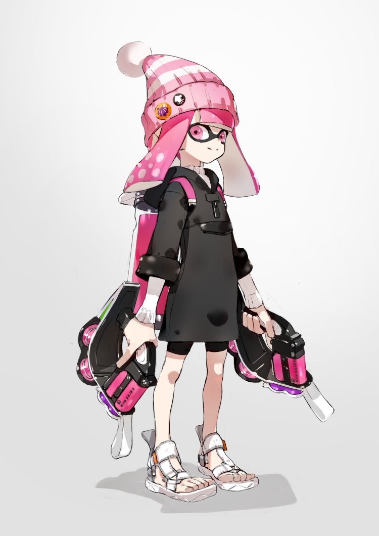 1girl bad_id bangs bike_shorts black_coat black_shorts blunt_bangs bobblehat closed_mouth commentary domino_mask dual_wielding full_body grey_background hat holding holding_weapon hooded_coat ink_tank_(splatoon) inkling long_sleeves looking_at_viewer mask neco pink_eyes pink_hair pink_hat pointy_ears sandals shadow shorts simple_background smile solo splatoon splatoon_(series) splatoon_2 standing sweater tentacle_hair tetra_dualies_(splatoon) weapon white_footwear white_sweater
