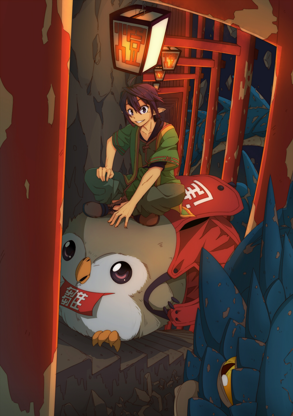 backpack bag bird brown_hair creature dragon earrings eastern_dragon grin highres indian_style jewelry lantern looking_at_viewer male_focus on_head original pants person_on_head pointy_ears purple_eyes riding senhaku shoes short_sleeves sitting smile stairs