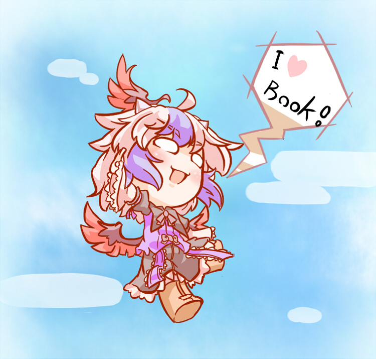 :d boots chibi engrish flying head_wings heart mochinabe multicolored_hair o_o open_mouth outstretched_arms ranguage single_head_wing sky smile solo speech_bubble tokiko_(touhou) touhou two-tone_hair wings
