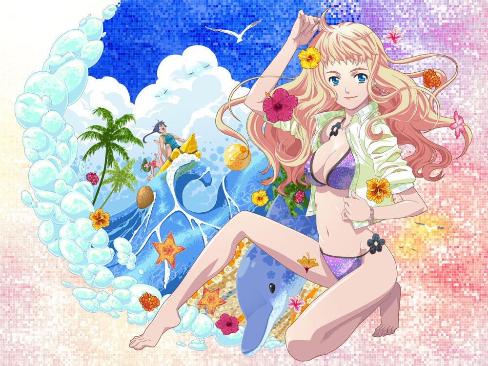 1boy 2girls arm_up barefoot bikini bird blonde_hair blue_eyes blue_hair breasts cleavage collarbone dolphin floating_hair flower green_eyes green_jacket groin hibiscus jacket kutsuno long_hair macross macross_frontier medium_breasts multiple_girls navel one_knee open_clothes open_jacket ponytail purple_bikini ranka_lee red_flower saotome_alto sheryl_nome solo_focus swimsuit very_long_hair water