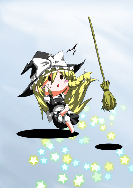 0_0 1girl blonde_hair blush_stickers bow braid broom chibi dress falling hat hat_bow kirisame_marisa long_hair mochinabe shadow single_braid solid_oval_eyes solo star touhou white_bow witch_hat