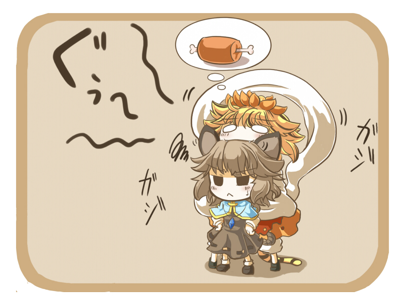 2girls :&lt; animal_ears biting blonde_hair boned_meat border brown_hair capelet chibi fangs food hands_on_hips head_biting meat mochinabe mouse_ears mouse_tail multiple_girls nazrin sweatdrop tail thought_bubble toramaru_shou touhou translation_request