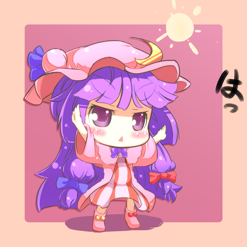 border chibi crescent energy_ball hat long_hair mochinabe outstretched_arms patchouli_knowledge purple_eyes purple_hair solo striped touhou translated vertical_stripes