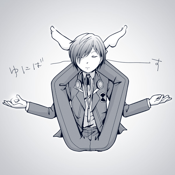 closed_eyes digital_media_player flexible hair_over_one_eye headphones male_focus monochrome persona persona_3 pretzel_pose school_uniform simple_background sitting solo tokiwa_(mukoku) yuuki_makoto