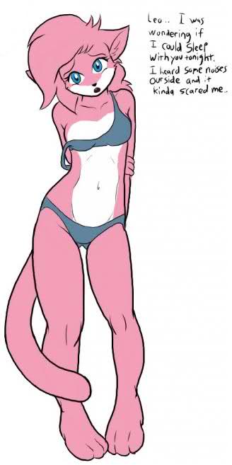 blue_eyes dialog dialogue english english_text feline female fur hair looking_at_viewer mammal midriff open_mouth pink_fur pink_hair solo text underwear unknown_artist vg_cats