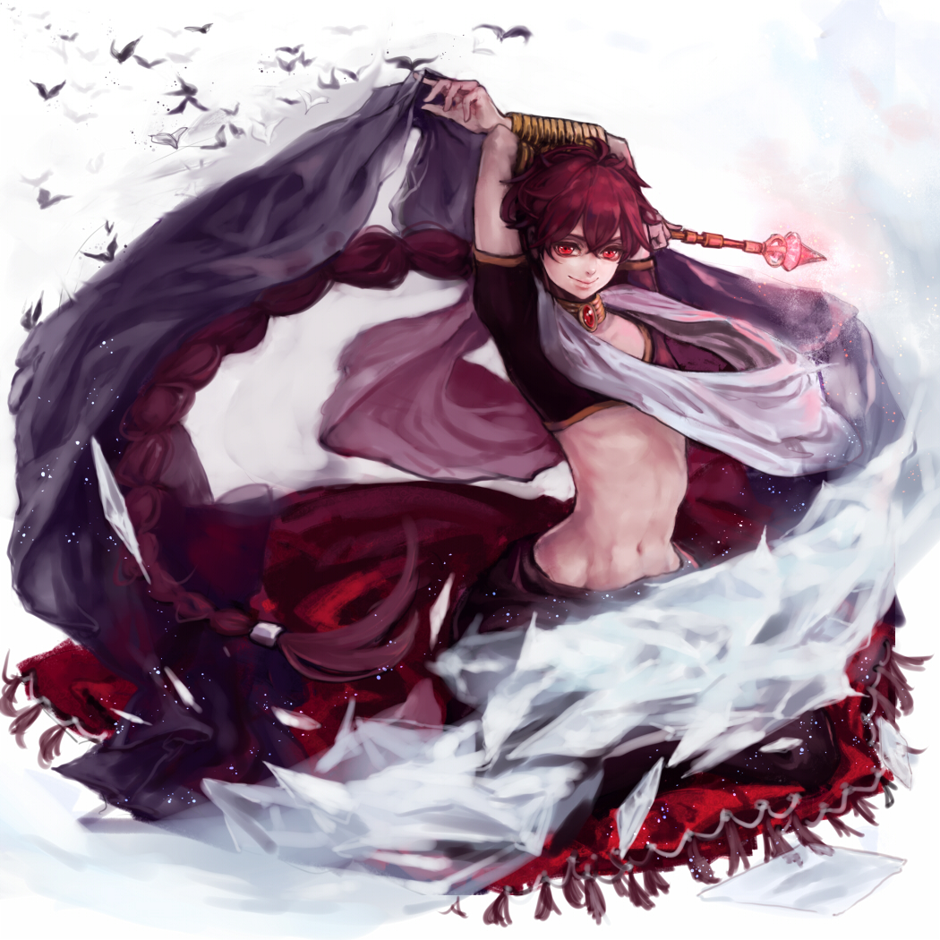 androgynous arms_up bad_id bad_pixiv_id braid hina_(xoxo) jewelry judal long_hair magi_the_labyrinth_of_magic male_focus midriff navel neck_ring red_eyes red_hair shawl single_braid smile solo