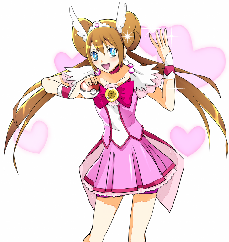 1girl blue_eyes brown_hair cosplay cure_happy cure_happy_(cosplay) female_protagonist_(pokemon_bw2) frills hair_ornament hoshizora_miyuki mei_(pokemon) open_mouth poke_ball pokeball pokemon pokemon_(game) pokemon_bw2 precure ribbon skirt smile_precure!