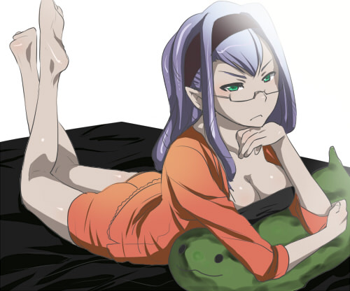 anacondy_(yes!_precure_5) barefoot bed breasts cleavage feet glasses green_eyes hairband kikuchi_mataha large_breasts long_hair lowres lying on_stomach pajamas pointy_ears precure purple_hair solo yes!_precure_5