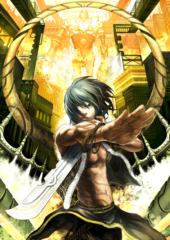 black_hair bracelet city copyright_request green_eyes jewelry male_focus mecha muscle robot science_fiction shukei solo sword tattoo vest weapon