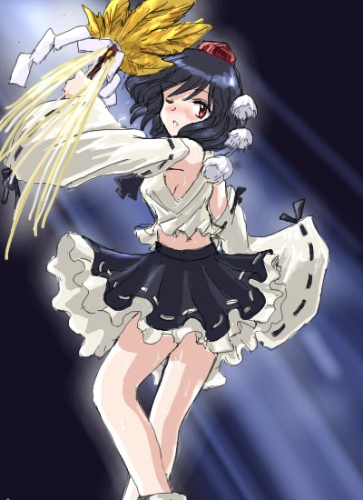 alternate_color ascot bangs bare_legs black_hair black_neckwear black_ribbon black_skirt blush breasts cosplay detached_sleeves eyebrows_visible_through_hair flx gohei hakurei_reimu hakurei_reimu_(cosplay) hat leaf_fan looking_at_viewer medium_breasts one_eye_closed pom_poms red_eyes red_hat ribbon ribbon-trimmed_skirt ribbon-trimmed_sleeves ribbon_trim shameimaru_aya short_hair sideboob skirt solo sweat tokin_hat touhou underskirt white_ribbon white_sleeves