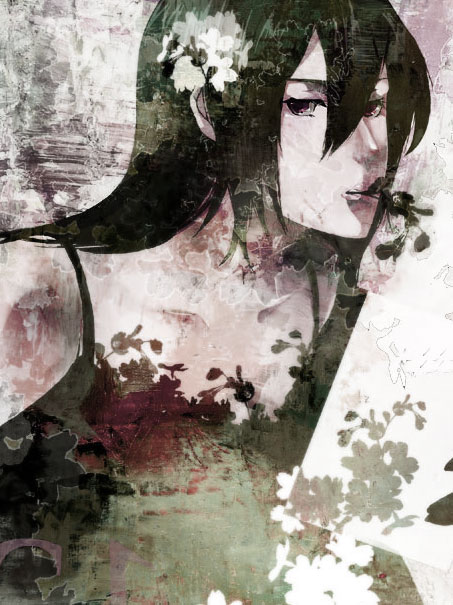 artist_request black_dress black_hair blood blood_splatter breasts chronica cleavage collarbone dress long_hair looking_at_viewer sleeveless sleeveless_dress small_breasts solo sound_horizon upper_body