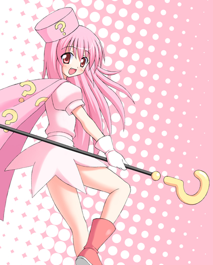 :d bad_id bad_pixiv_id benesse blush boots cape fang hat hatena_yousei magical_girl mikage01 open_mouth pink_cape pink_eyes pink_footwear pink_hair pink_hat smile solo staff