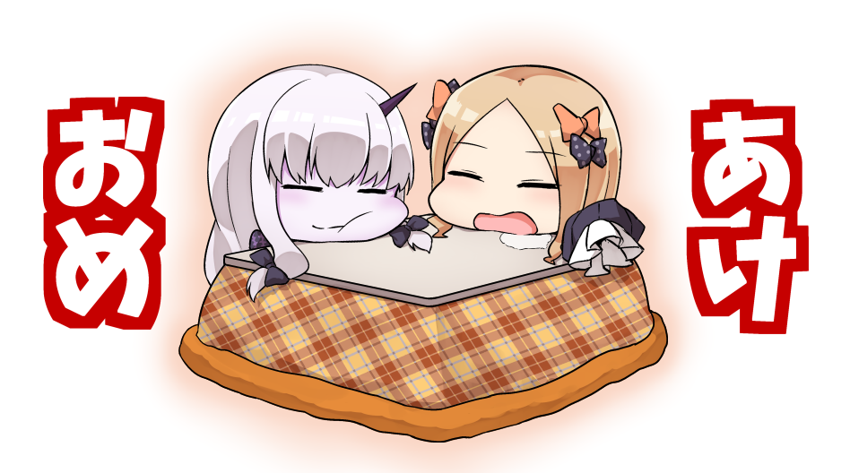 2girls abigail_williams_(fate/grand_order) bangs black_bow bow closed_mouth commentary_request eyebrows_visible_through_hair eyes_closed fate/grand_order fate_(series) forehead hair_bow head_rest horn kotatsu lavinia_whateley_(fate/grand_order) light_brown_hair long_hair multiple_girls nenosame no_hat no_headwear open_mouth orange_bow pale_skin parted_bangs plaid polka_dot polka_dot_bow saliva sidelocks silver_hair table translation_request