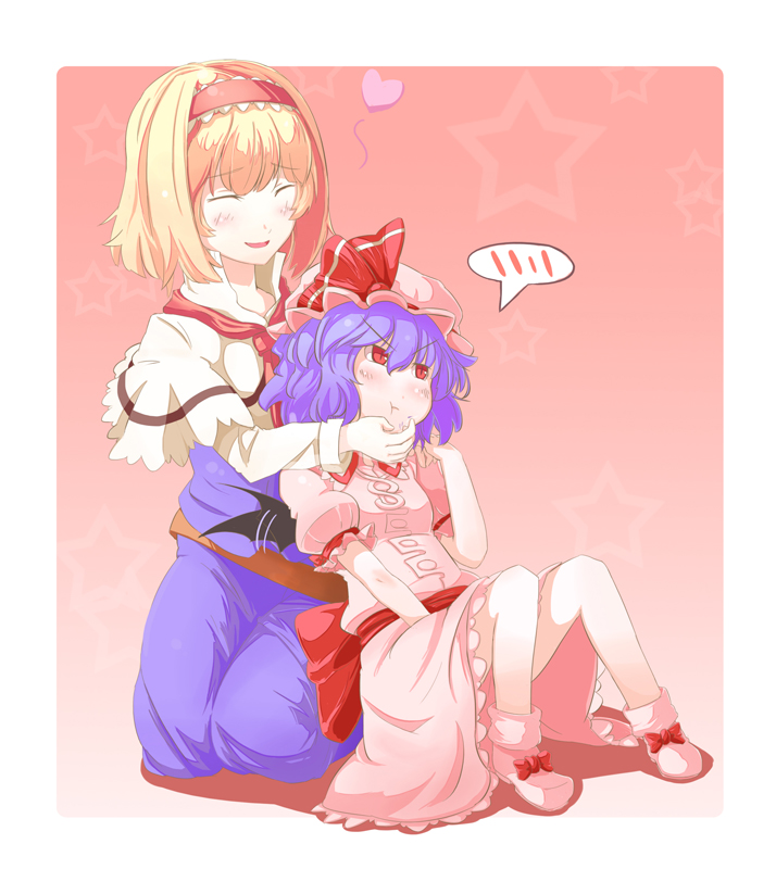 :t ^_^ alice_margatroid blonde_hair blue_hair blush capelet chin_tickle closed_eyes dress hand_on_another's_face hat heart kneeling mochinabe multiple_girls pout red_eyes remilia_scarlet sitting smile speech_bubble spoken_blush star touhou