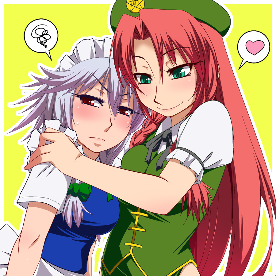 annoyed aqua_eyes beret blush bow braid breasts chinese_clothes frown green_eyes hair_between_eyes hair_bow hand_on_shoulder hat hayashi_custom heart hong_meiling izayoi_sakuya lavender_hair long_hair looking_away maid_headdress medium_breasts multiple_girls neck_ribbon nervous red_eyes red_hair ribbon short_hair short_sleeves simple_background smile spoken_heart spoken_squiggle squiggle touhou twin_braids upper_body very_long_hair yellow_background