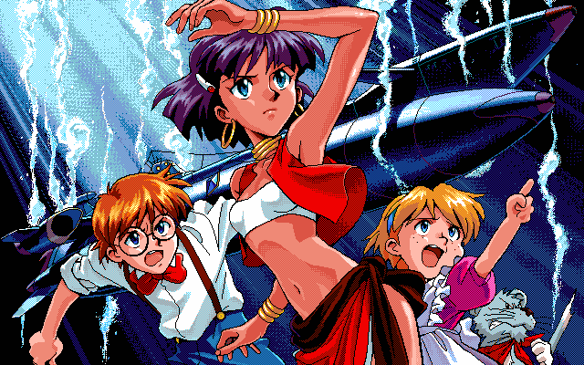 2girls 90s apron arm_up armpits artist_request blue_eyes bracelet brown_hair bubble dark_skin dithering dress earrings fushigi_no_umi_no_nadia hair_ornament hairclip jean_coq_de_raltigue jewelry loincloth marie_en_carlsberg midriff multiple_girls nadia nautilus neck_ring non-web_source official_art oldschool pelvic_curtain pixel_art purple_hair short_hair strapless submarine tubetop underwater vest watercraft