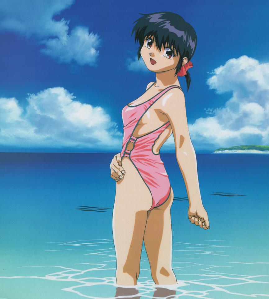 1girl 3x3_eyes black_hair looking_at_viewer ocean open_mouth outdoors parvati red_eyes ribbon short_hair smile solo swimsuit