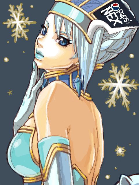 backless_outfit bare_shoulders blue_eyes blue_hair blue_lipstick blue_rose_(tiger_&amp;_bunny) crystal_earrings earrings elbow_gloves gloves jewelry karina_lyle lipstick makeup pepsi_nex product_placement short_hair snowflakes solo superhero tegaki tiger_&amp;_bunny transparent_breasts_pads warai