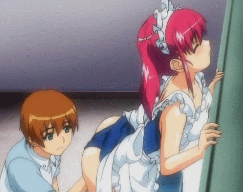 animated animated_gif apron blush bouncing_breasts breasts cosplay eyes_closed fingering lowres magenta_hair maid_headdress moaning natsumize_sukumi pink_hair red_hair school_swimsuit schoolgirl swimsuit tsundere_inran_shoujo_sukumi twintails vaginal