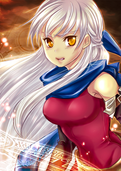 bare_shoulders breasts detached_sleeves fire_emblem fire_emblem:_akatsuki_no_magami fire_emblem:_akatsuki_no_megami micaiah scarf silver_hair yellow_eyes