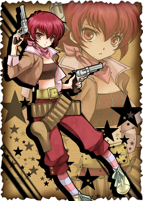 belt brown_background dual_wielding full_body gun holding iria_animi jacket pants pantyhose pantyhose_under_trousers red_eyes red_hair shoes short_hair solo star starry_background striped striped_legwear tales_of_(series) tales_of_innocence tomo_3 very_short_hair weapon zoom_layer