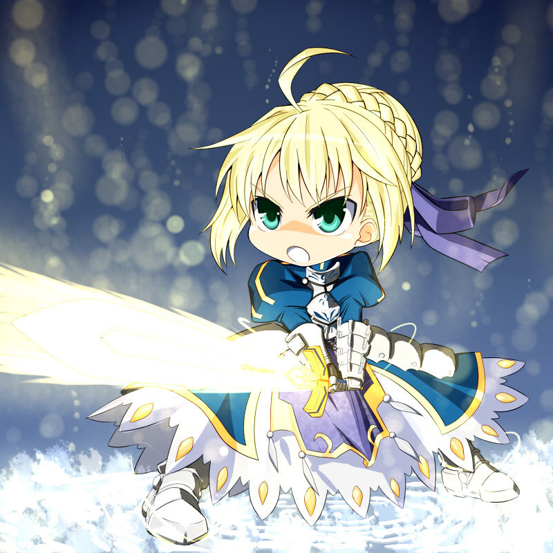 :o ahoge armor armored_dress artoria_pendragon_(all) blonde_hair chibi dress excalibur fate/zero fate_(series) gauntlets glowing glowing_sword glowing_weapon green_eyes hair_ribbon light_particles ribbon saber solo sword wabi_(wbsk) weapon