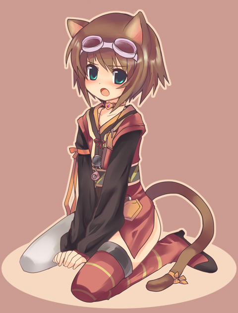 :o animal_ears bad_id bad_pixiv_id blush brown_background brown_hair cat_ears cat_tail choker full_body goggles goggles_on_head green_eyes kemonomimi_mode kneeling rita_mordio short_hair single_thighhigh sitting solo tail tales_of_(series) tales_of_vesperia teu_(navy) thighhighs v_arms wariza