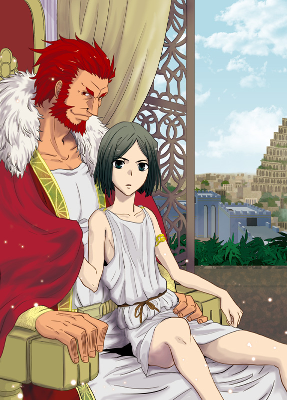 architecture armlet armor babylon bangs beard black_eyes black_hair cape chiton city facial_hair fate/zero fate_(series) greco-roman_architecture kira_zatou male_focus multiple_boys parted_bangs red_eyes red_hair rider_(fate/zero) sitting sitting_on_lap sitting_on_person size_difference tunic waver_velvet