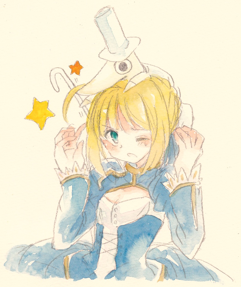 ahoge artoria_pendragon_(all) bad_id bad_pixiv_id blonde_hair blue_eyes blush cane crossover dress excalibur_(soul_eater) fate/stay_night fate_(series) fina_(sa47rin5) hat long_sleeves on_head one_eye_closed saber solo soul_eater star top_hat