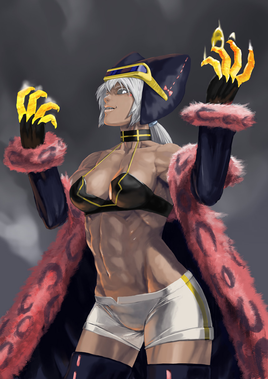 abs black_sclera claws dark_skin fur gloves highres kaiten_muten-maru muscle muscles muscular_female mutsugi shamu_meruruusa shorts white_hair