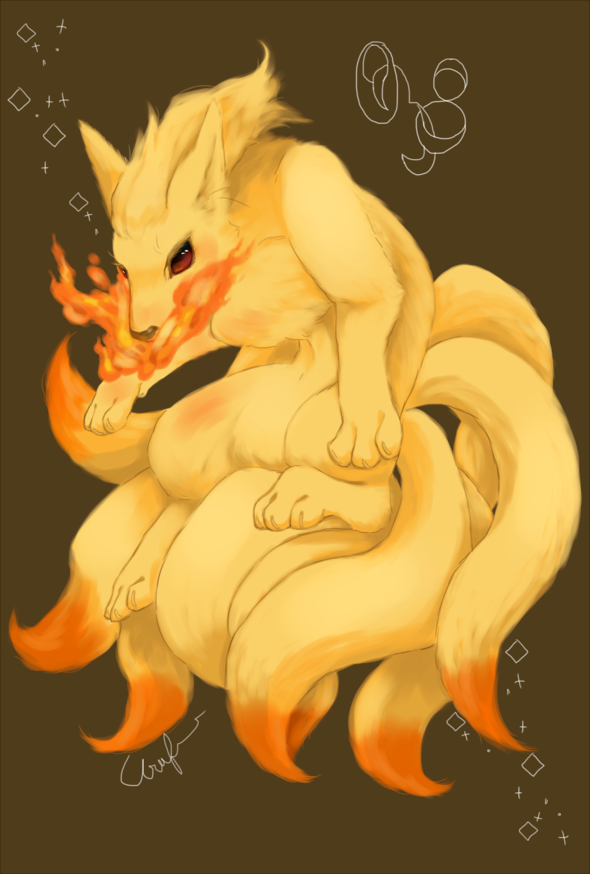 brown_background brown_eyes canine feral fire fox long_tail looking_at_viewer mammal multiple_tails ninetales nintendo plain_background pok&#233;mon pok&eacute;mon red_eyes solo urufu video_games