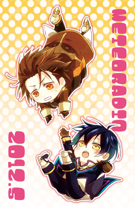 2boys alvin_(tales) bad_id bad_pixiv_id bberry black_hair blush boots brown_eyes brown_hair chibi coat cravat gloves jude_mathis male_focus multiple_boys no_nose pants polka_dot polka_dot_background tales_of_(series) tales_of_xillia yellow_background yellow_eyes