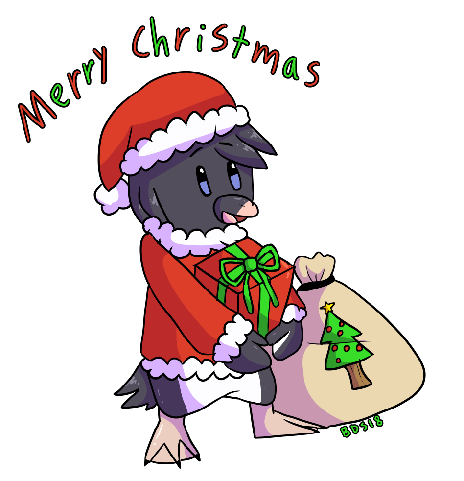 alpha_channel anthro avian bag bds17 beak bean_(character) bird black_feathers blue_eyes bottomless christmas christmas_tree clothed clothing costume countershading feathers featureless_crotch gift happy holding_object holidays male open_beak open_mouth penguin santa_costume semi-anthro simple_background smile solo text transparent_background tree webbed_feet white_feathers