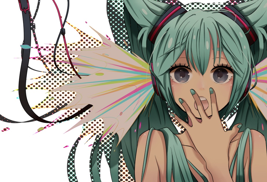 bare_shoulders bright_night green_hair hatsune_miku long_hair nail_polish open_mouth solo twintails upper_body vocaloid