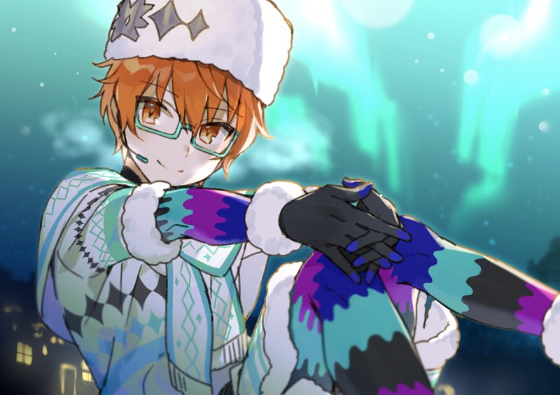 1boy aoi_kyousuke black_footwear black_gloves boots closed_mouth coat fur_hat fur_trim glasses gloves hat headset idolmaster idolmaster_side-m idolmaster_side-m_live_on_stage! looking_at_viewer male_focus patterned shirako_miso smile solo ushanka white_hat winter_clothes world_tre@sure_(idolmaster)