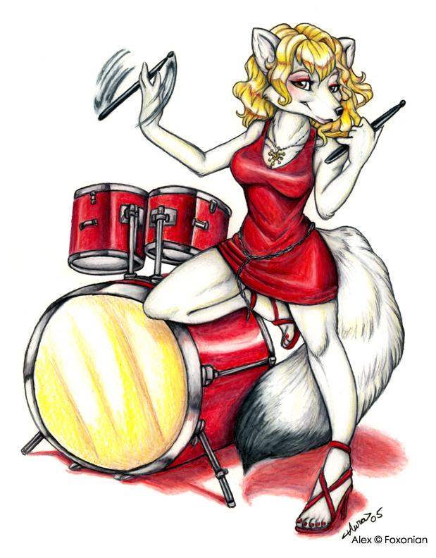 arctic_fox aura_moser auradeva blonde_hair canine dress drum_kit drumsticks female fox hair high_heels mammal solo