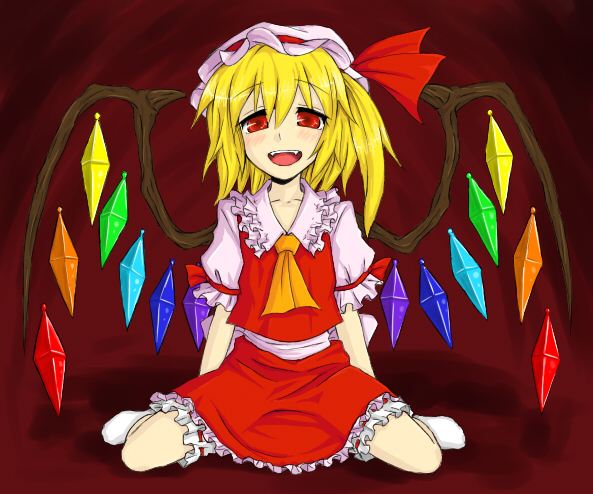 :d ascot blush collar crystal demon_wings flandre_scarlet frills full_body hat mob_cap one_side_up open_mouth puffy_short_sleeves puffy_sleeves red_eyes short_sleeves sitting smile socks solo touhou vampire wariza white_legwear wings yomegane